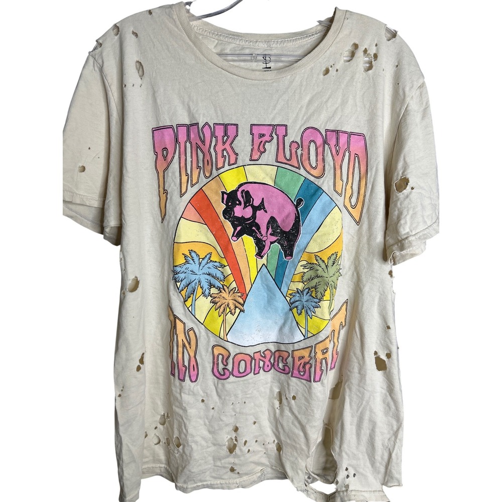 Pink Floyd Cream Distressed Graphic Tee with Multicolor Print